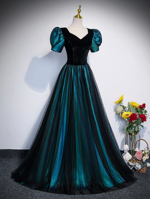 Unique Black Velvet and Tulle Long Prom Dress, A-Line Short Sleeve Evening Party Dress