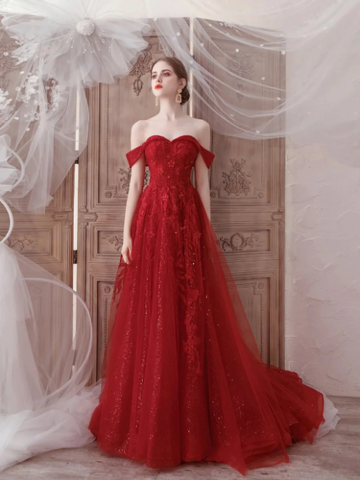 Red Tulle Lace Floor Length Prom Dress, Beautiful Off the Shoulder Evening Party Dress