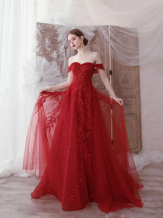 Red Tulle Lace Floor Length Prom Dress, Beautiful Off the Shoulder Evening Party Dress