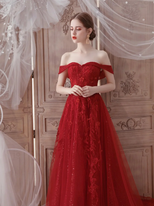 Red Tulle Lace Floor Length Prom Dress, Beautiful Off the Shoulder Evening Party Dress