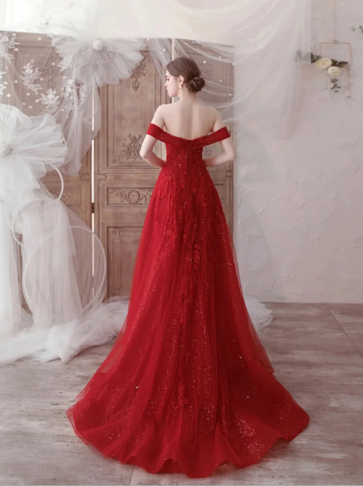 Red Tulle Lace Floor Length Prom Dress, Beautiful Off the Shoulder Evening Party Dress