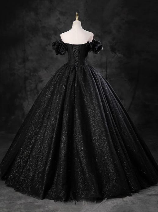 Black Sparkly Tulle Off the Shoulder Long Formal Dress, Elegant A-Line Black Evening Party Dress