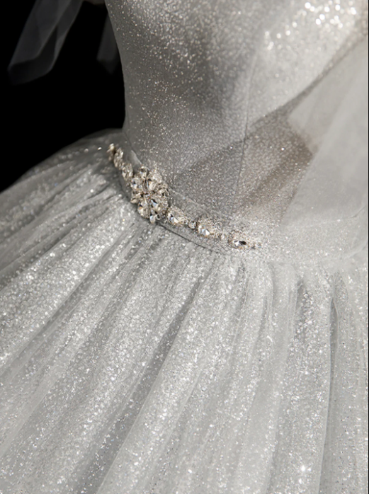 Gray Sparkly Tulle Long Scoop Neckline Prom Dress, Beautiful A-Line Evening Party Dress