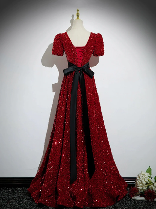 Burgundy V-Neck Sequins Long Prom Dress, A-Line Evening Party Dress with Bow