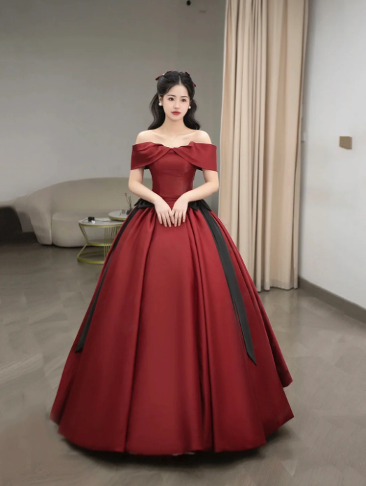 Burgundy Satin Long Prom Dress, Beautiful Off the Shoulder Evening Party Dress