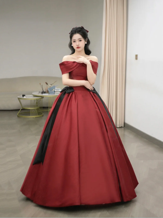 Burgundy Satin Long Prom Dress, Beautiful Off the Shoulder Evening Party Dress