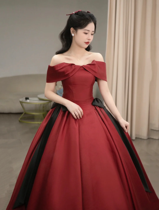 Burgundy Satin Long Prom Dress, Beautiful Off the Shoulder Evening Party Dress