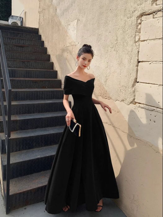 Black V-Neck Velvet Floor Length Prom Dress, Black Evening Party Dress