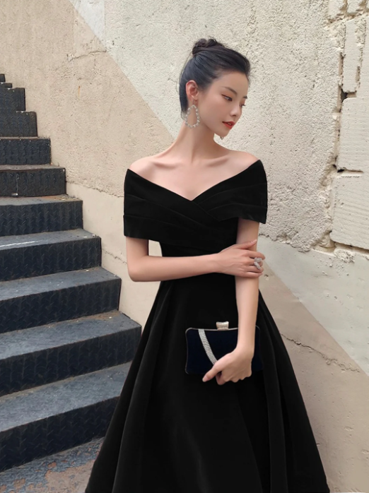 Black V-Neck Velvet Floor Length Prom Dress, Black Evening Party Dress