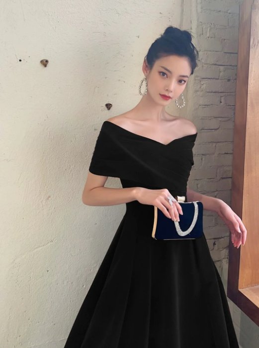 Black V-Neck Velvet Floor Length Prom Dress, Black Evening Party Dress