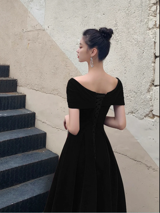 Black V-Neck Velvet Floor Length Prom Dress, Black Evening Party Dress