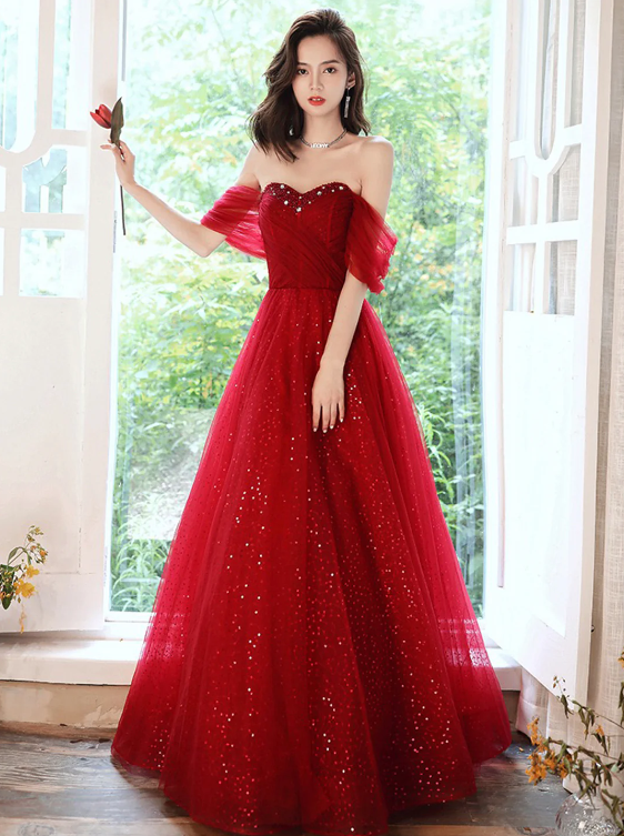 Dark Red Sweetheart Tulle Long Prom Dress, Beautiful A-Line Corset Evening Party Dress