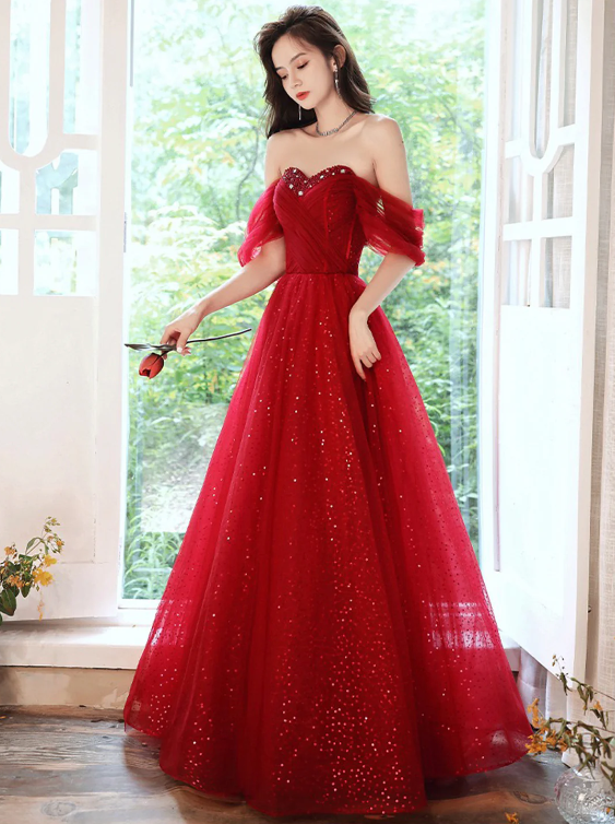 Dark Red Sweetheart Tulle Long Prom Dress, Beautiful A-Line Corset Evening Party Dress