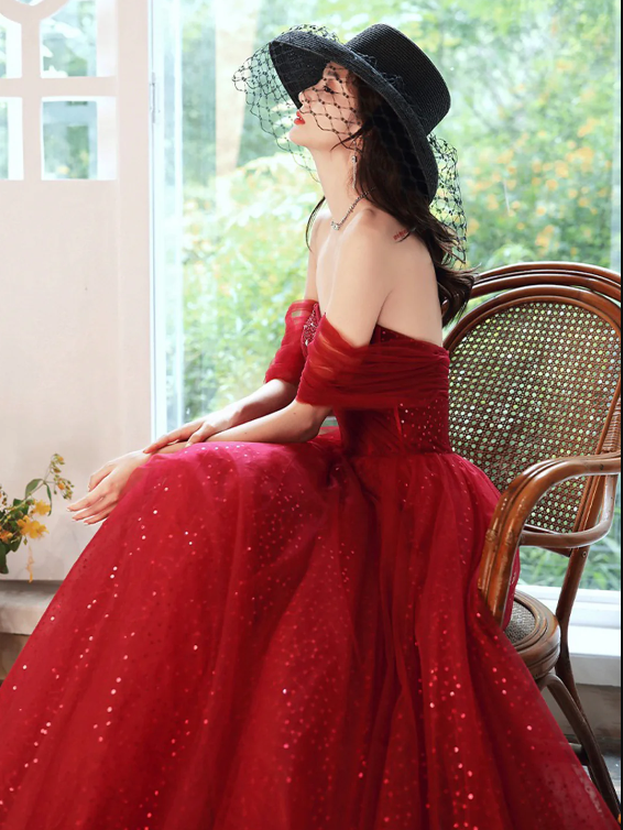 Dark Red Sweetheart Tulle Long Prom Dress, Beautiful A-Line Corset Evening Party Dress