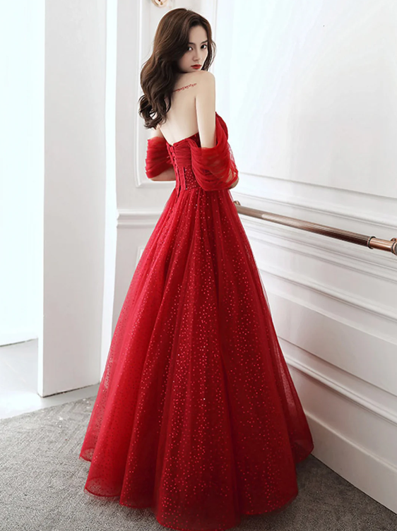 Dark Red Sweetheart Tulle Long Prom Dress, Beautiful A-Line Corset Evening Party Dress