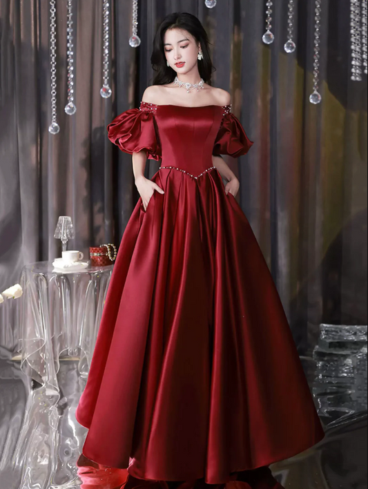 Burgundy Satin Floor Length Prom Dress, Off the Shoulder Short Sleeve Evening Dress