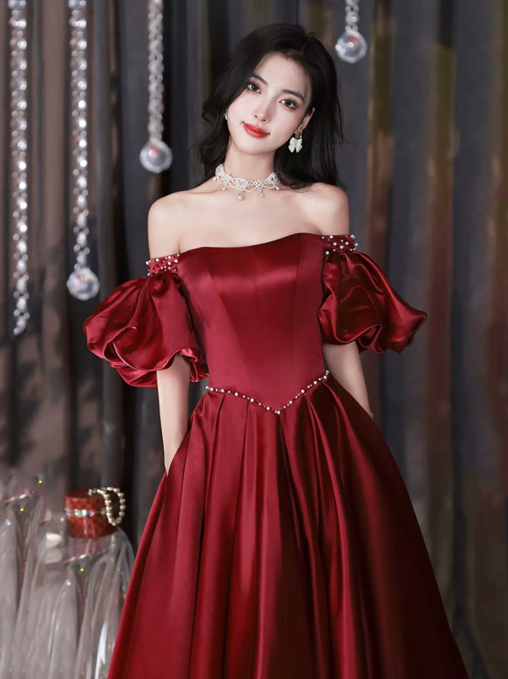 Burgundy Satin Floor Length Prom Dress, Off the Shoulder Short Sleeve Evening Dress