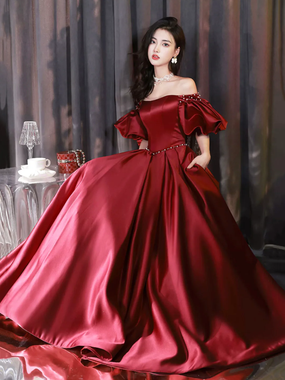 Burgundy Satin Floor Length Prom Dress, Off the Shoulder Short Sleeve Evening Dress