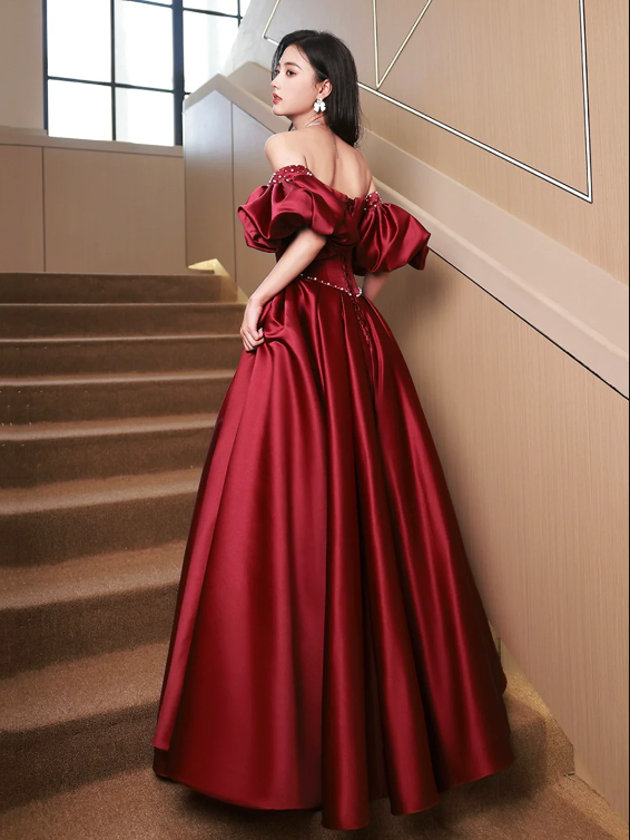 Burgundy Satin Floor Length Prom Dress, Off the Shoulder Short Sleeve Evening Dress