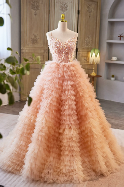 Beautiful Tulle Layers Long Prom Dresses, A-Line Spaghetti Straps Evening Dresses