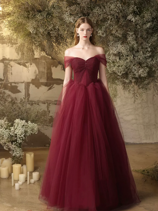 Burgundy Tulle Long A-Line Prom Dress, Off the Shoulder Evening Party Dress