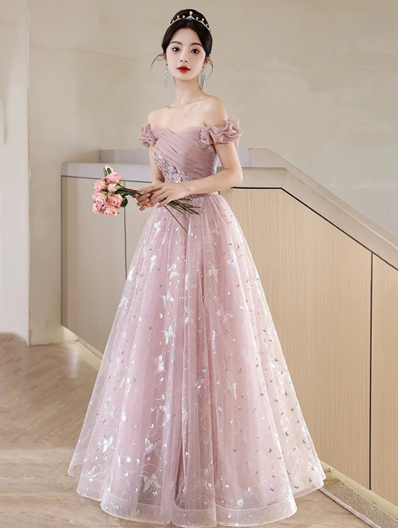 Pink Tulle Floor Length Prom Dress with Butterfly Sequins, Beautiful Off the Shoulder Evening Dress