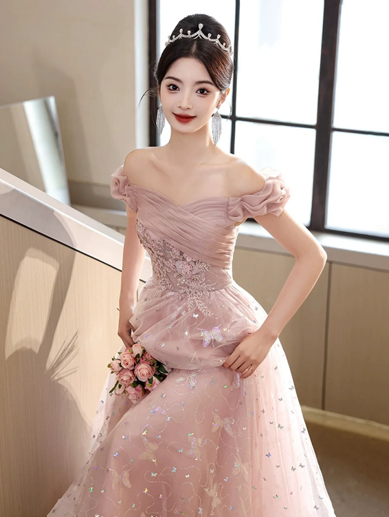 Pink Tulle Floor Length Prom Dress with Butterfly Sequins, Beautiful Off the Shoulder Evening Dress