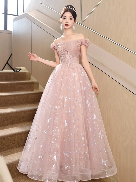 Pink Tulle Floor Length Prom Dress with Butterfly Sequins, Beautiful Off the Shoulder Evening Dress