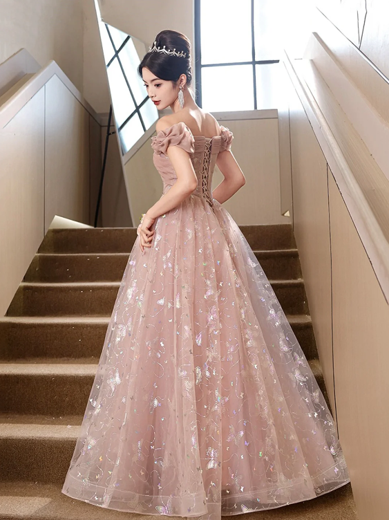 Pink Tulle Floor Length Prom Dress with Butterfly Sequins, Beautiful Off the Shoulder Evening Dress