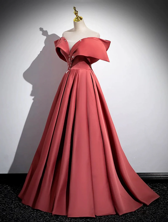 Beautiful Satin Off Shoulder Long Party Dress, A-Line Pearl Floor Length Prom Dress