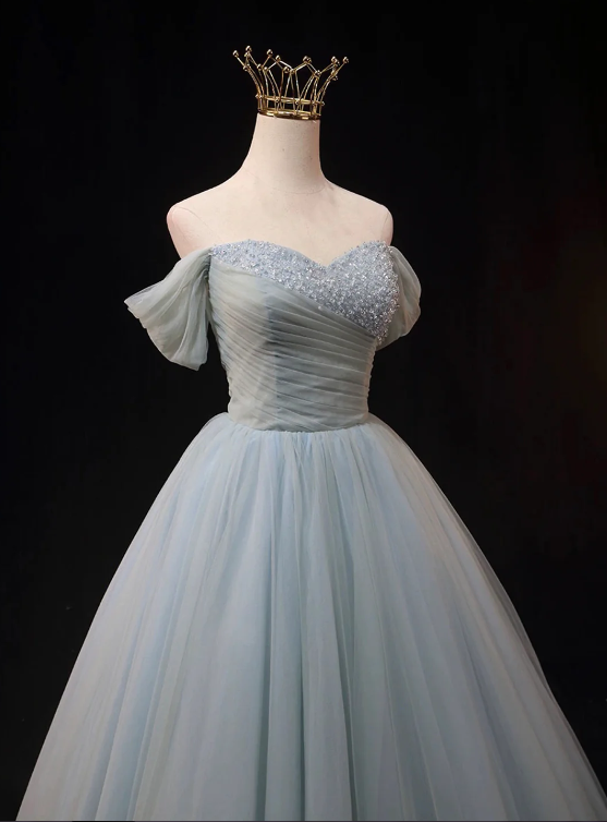 Dusty Blue Tulle Beaded Long Prom Dress, Off the Shoulder A-Line Evening Party Dress