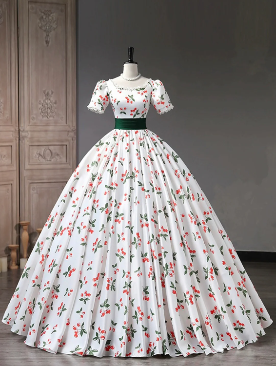 Beautiful Cherry Pattern Long Princess Prom Dress, White A-Line Short Sleeve Evening Party Dress