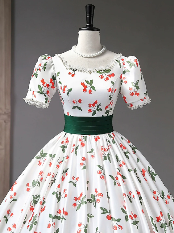 Beautiful Cherry Pattern Long Princess Prom Dress, White A-Line Short Sleeve Evening Party Dress