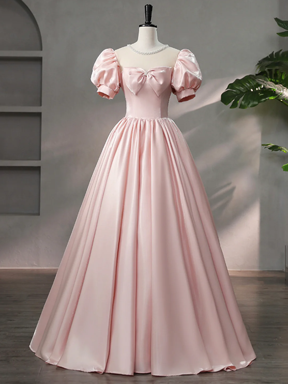 Beautiful Pink Scoop Neck Satin Floor Length Prom Dress, A-Line Short Sleeve Evening Dress with Bow