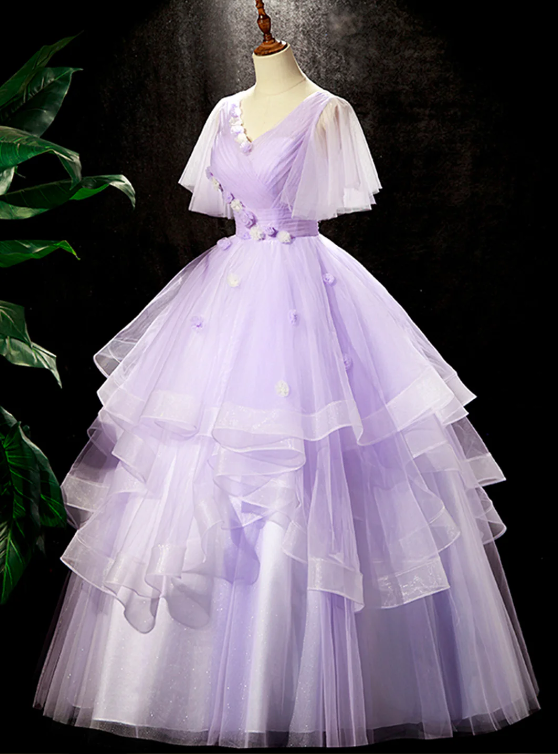 Fairy Purple Floral Floor Length Prom Dress, Beautiful V-Neck Party Birthday Dress