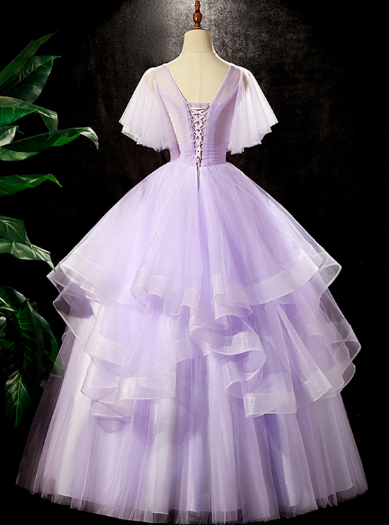 Fairy Purple Floral Floor Length Prom Dress, Beautiful V-Neck Party Birthday Dress