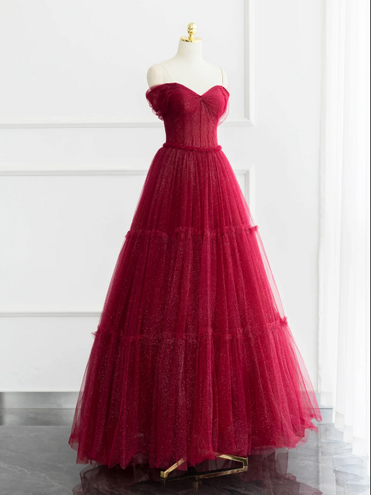 Burgundy Shiny Tulle Long Prom Dress, Beautiful A-Line Off the Shoulder Evening Dress