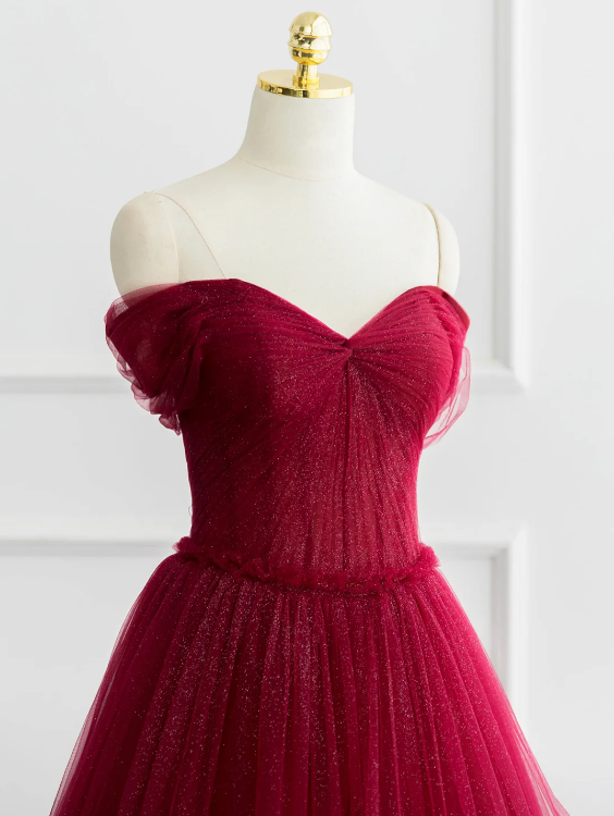 Burgundy Shiny Tulle Long Prom Dress, Beautiful A-Line Off the Shoulder Evening Dress