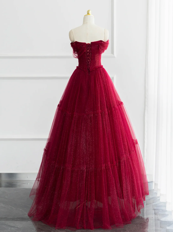 Burgundy Shiny Tulle Long Prom Dress, Beautiful A-Line Off the Shoulder Evening Dress