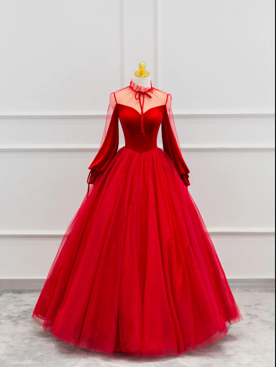 Red Velvet Tulle Floor Length Prom Dress, Beautiful Long Sleeve Evening Party Dress