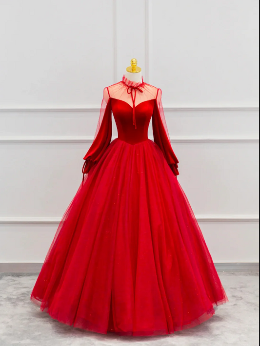 Red Velvet Tulle Floor Length Prom Dress, Beautiful Long Sleeve Evening Party Dress