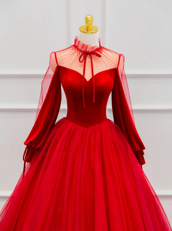 Red Velvet Tulle Floor Length Prom Dress, Beautiful Long Sleeve Evening Party Dress