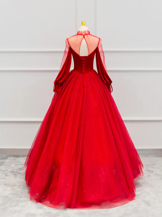 Red Velvet Tulle Floor Length Prom Dress, Beautiful Long Sleeve Evening Party Dress