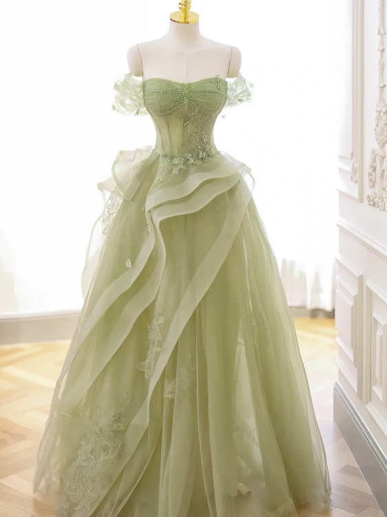 Green Tulle Long Floor Length Prom Dress, Beautiful A-Line Evening Party Dress with Lace