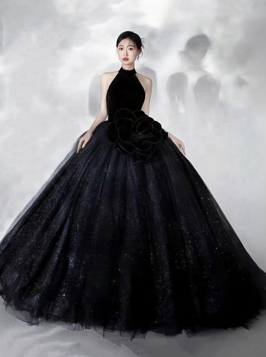 Black Halter Shiny Tulle Long Ball Gown, Black A-Line Backless Formal Dress