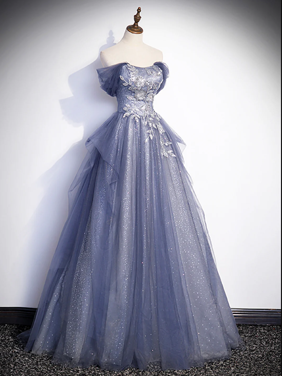 Charming Tulle Sequins A-Line Prom Dresses, Off the Shoulder Floor-Length Formal Dresses