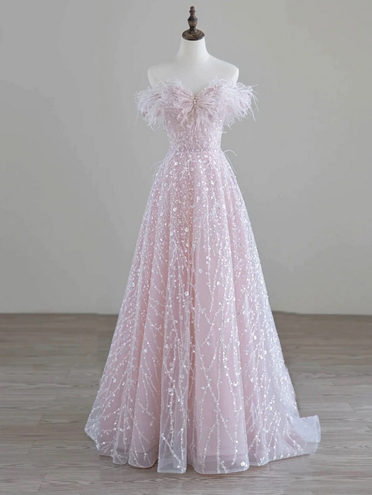 Sparkling Tulle Sequin Long Prom Dress, Off the Shoulder Pink Evening Party Dress