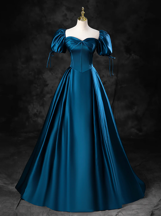 Blue Satin Off the Shoulder Floor Length Prom Dress, Blue A-Line Party Dress