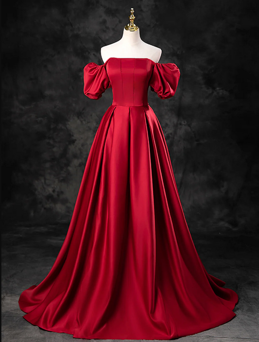 Burgundy Satin Off the Shoulder Formal Dress, A-Line Burgundy Evening Dress