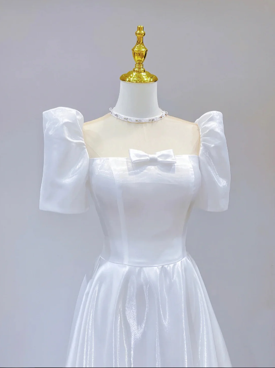 White Satin Short Sleeve Floor Length Prom Dress, White A-Line Party Dress